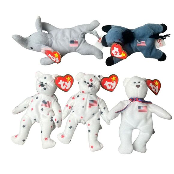 Beanie Babies Political Lot Glory The Bear Libearty Lefty Donkey Righty Elephant - Picture 1 of 14